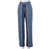 Jean slim patchwork taille haute, pantalon droit décontracté